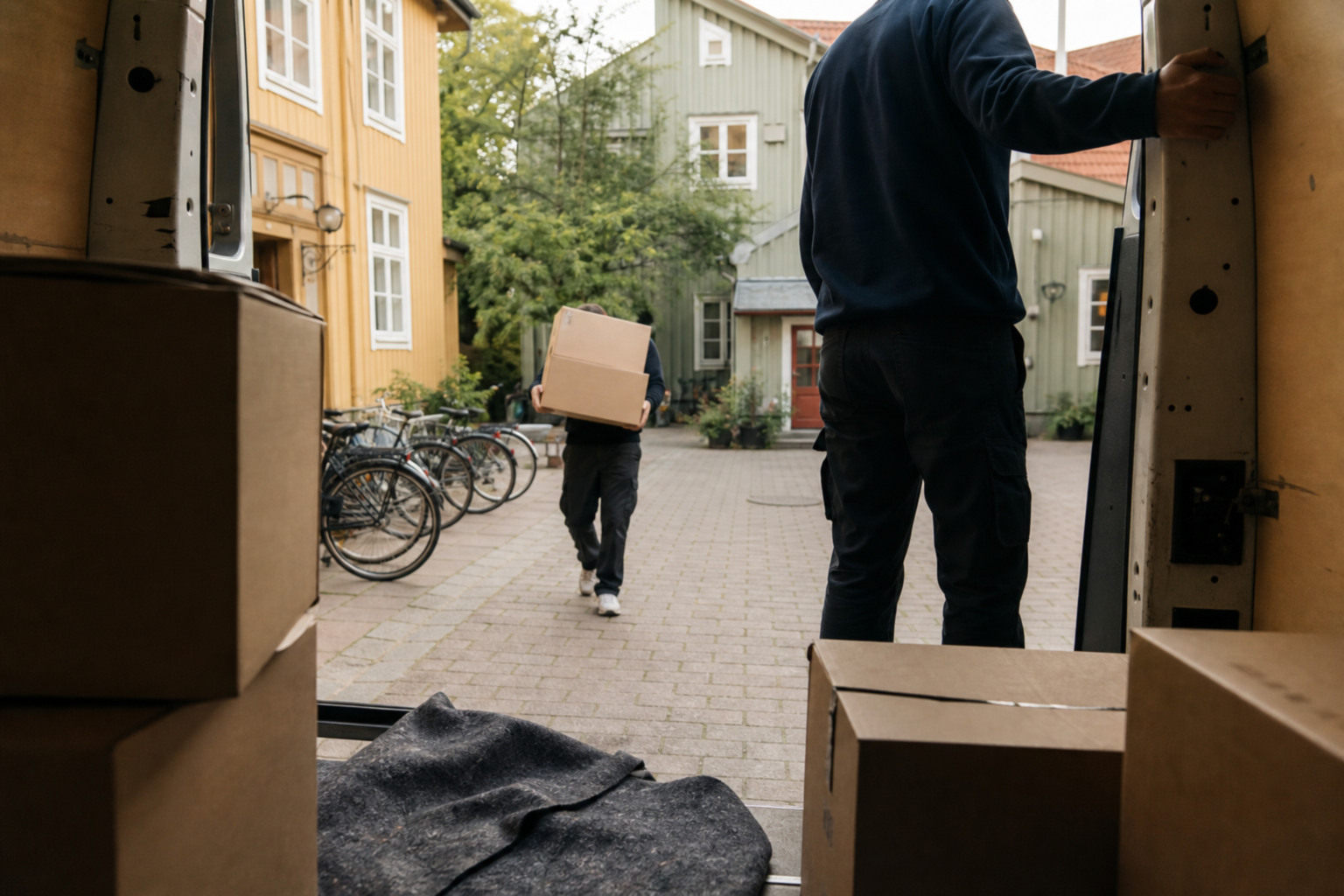 Bohag bärs ut från en bostad på en svensk innergård