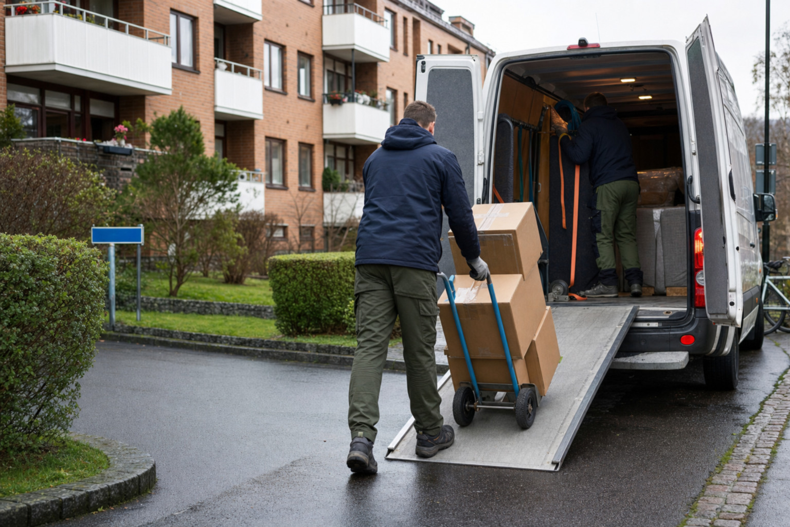 Kartonger lastas varsamt vid ett svenskt flerbostadshus